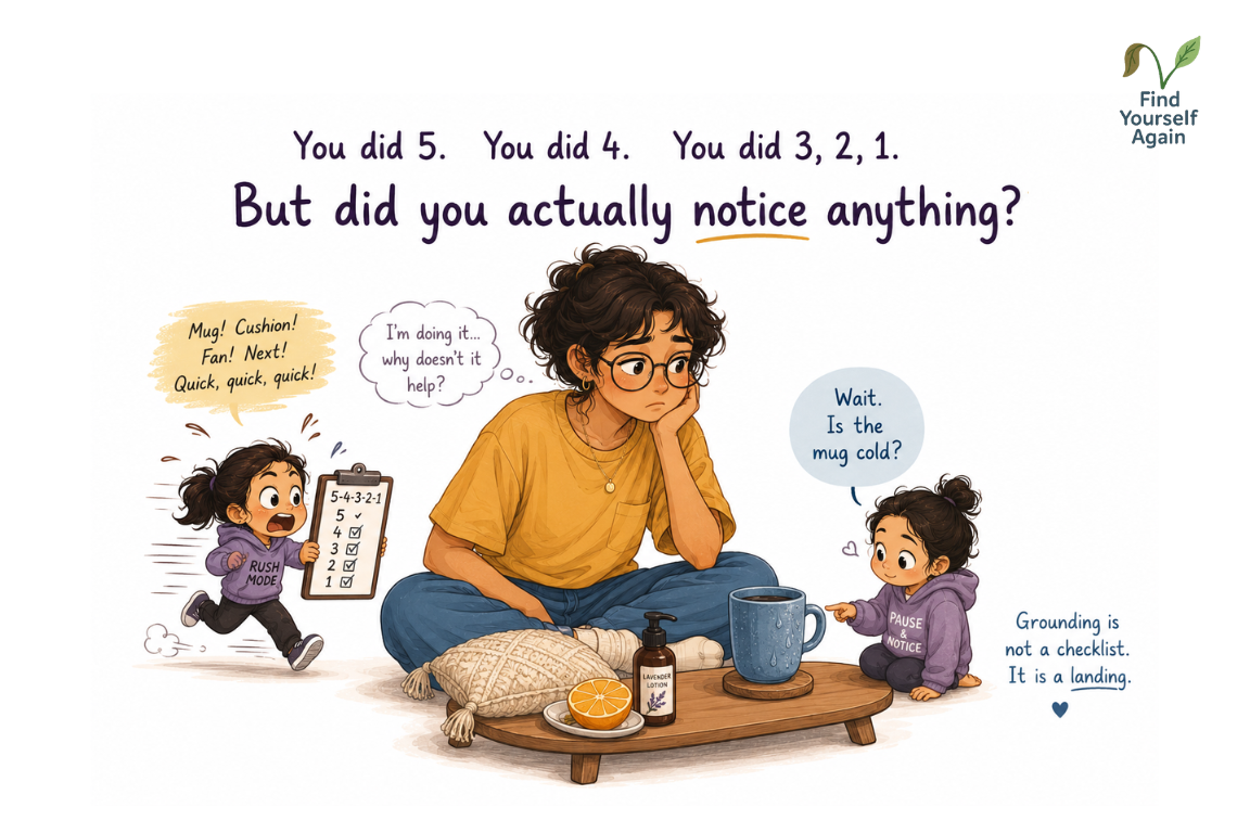 Illustration showing why the 54321 grounding technique may not work when rushed during anxiety attacks and how slowing down helps you reconnect with your senses