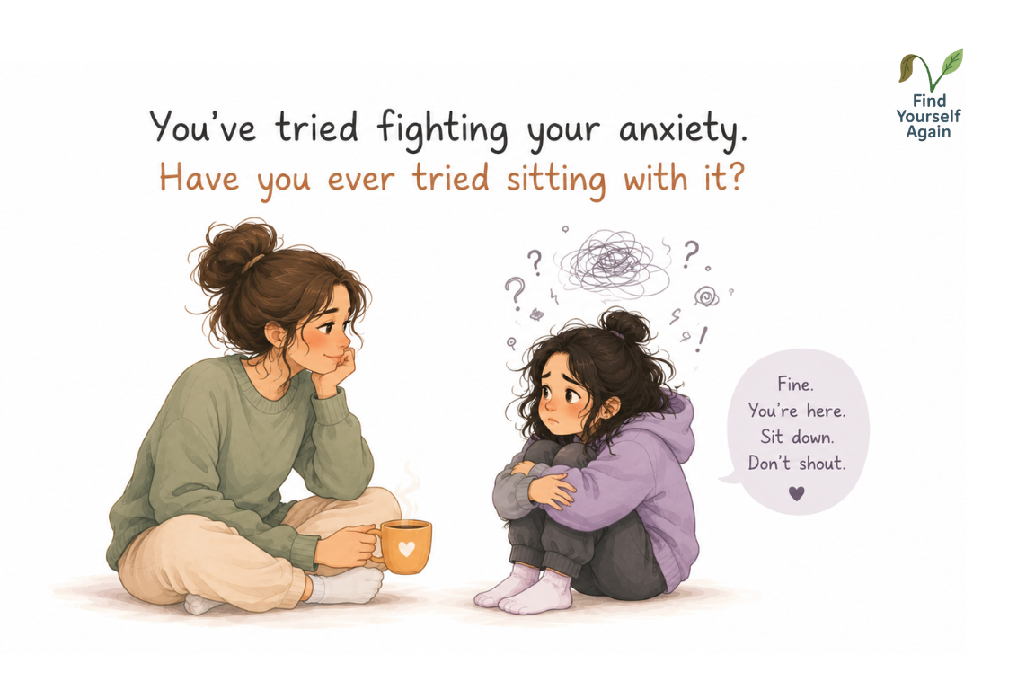 Woman sitting calmly with an anxious version of herself instead of fighting anxiety