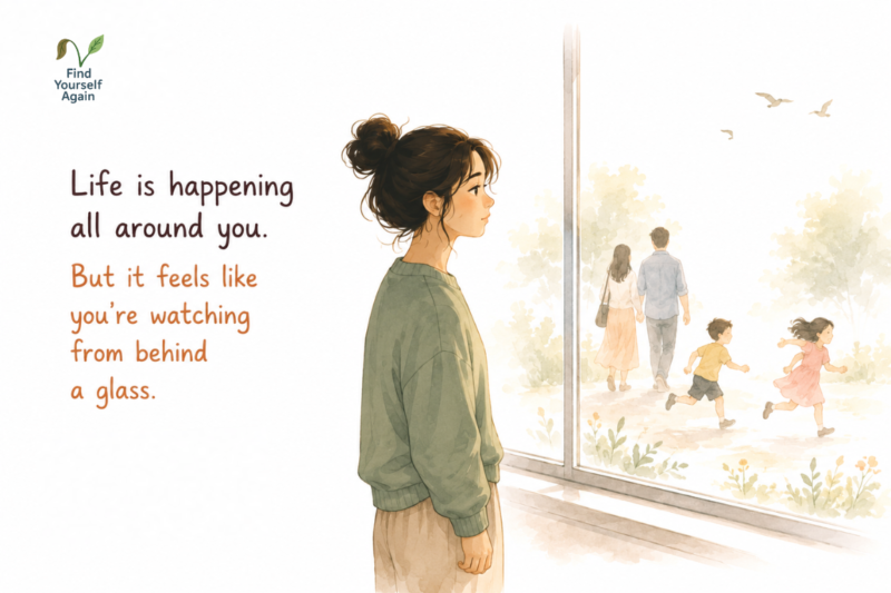 Young woman standing behind a window watching life outside while feeling emotionally numb and disconnected.