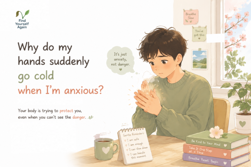 A young man rubs his cold hands together while feeling anxious, showing how anxiety can cause cold hands and physical stress responses.