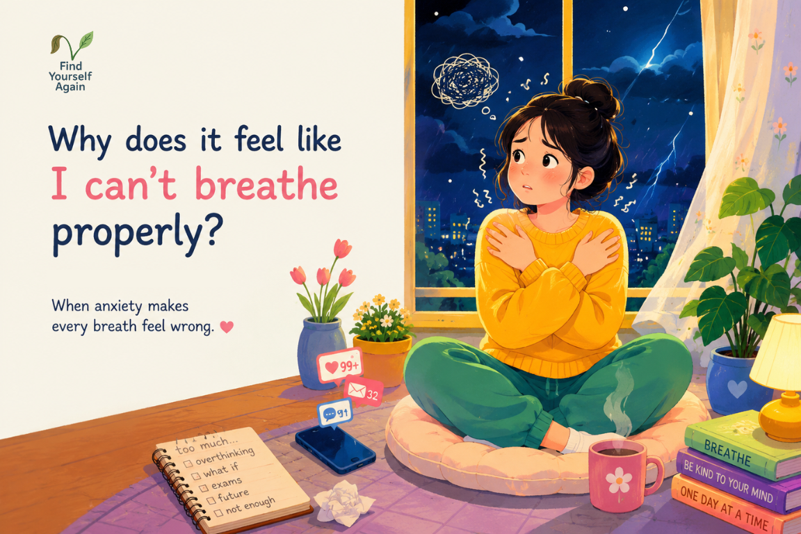 A young woman sits doing the Butterfly Hug while feeling anxious, surrounded by a storm outside, representing anxiety, panic, and finding calm through grounding.